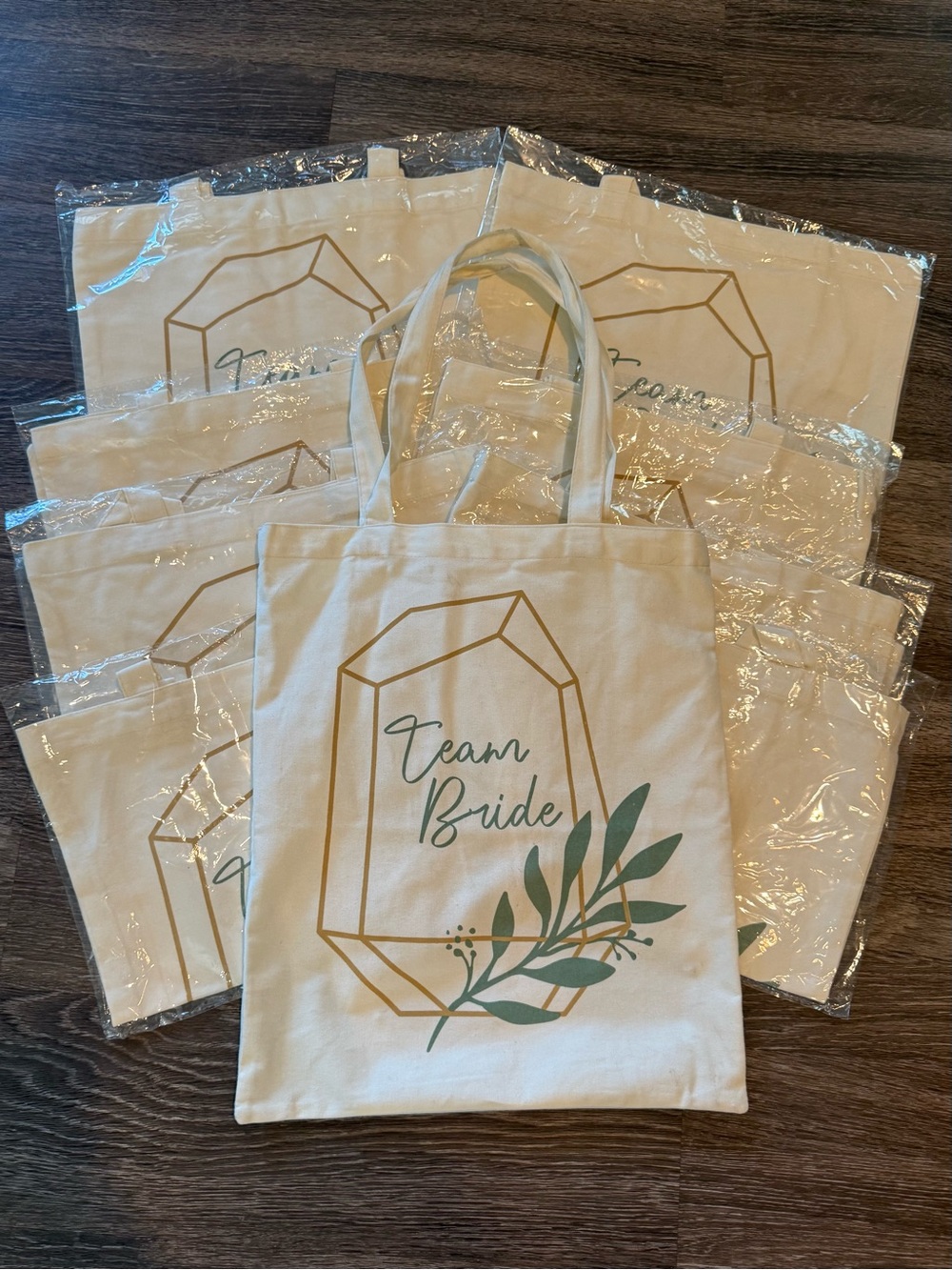 Team Bride Cotton Tote Bag with Green Leaf Design Set of 8 Plus Bonus